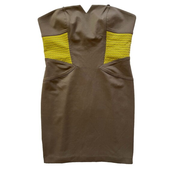 BCBGeneration Taupe And Chartreuse Strapless Bodycon Mini Dress, Size 12,‎ NEW! - Picture 1 of 9